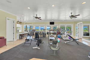 Workout area featuring ornamental molding, recessed lighting, and ceiling fan