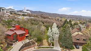 Aerial perspective of suburban area with mountains
