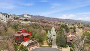 Aerial perspective of suburban area featuring a mountainous background