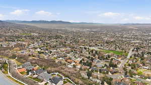 Aerial view of residential area with mountains
