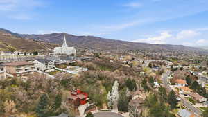 Aerial perspective of suburban area featuring a mountainous background