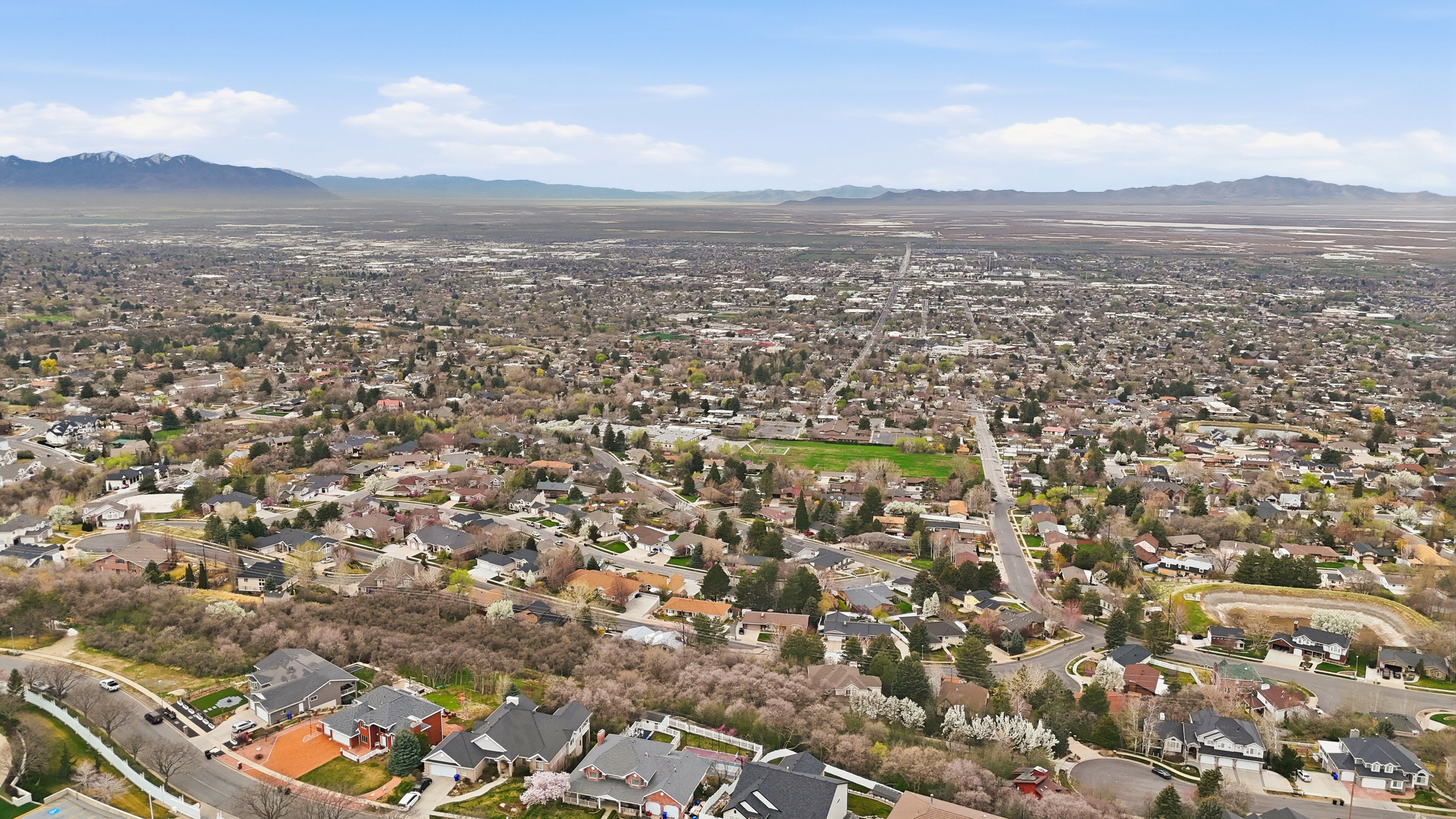 Aerial view of residential area featuring a mountain backdrop