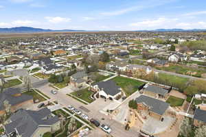 Aerial perspective of suburban area with mountains