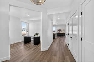 Hall with recessed lighting, dark wood-style floors, and plenty of natural light
