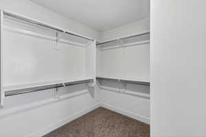 Walk in closet with dark colored carpet