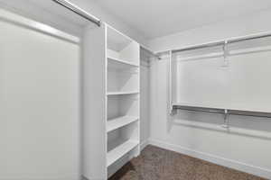 Walk in closet with dark carpet