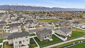 Aerial perspective of suburban area with mountains
