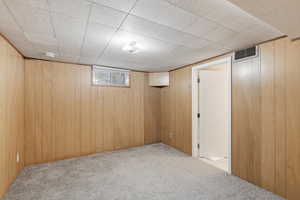 Basement featuring light colored carpet and wood walls