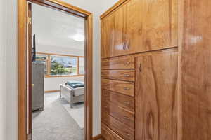 Hall with light colored carpet and baseboards