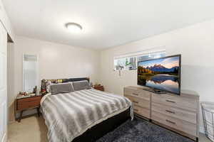 Bedroom with light colored carpet