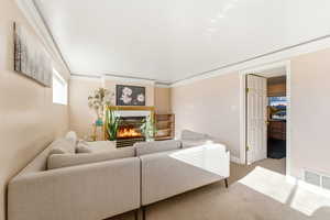Living room featuring a tiled fireplace, carpet floors, and crown molding