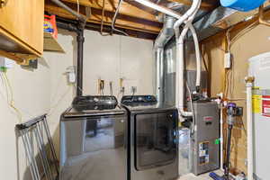 Laundry area featuring water heater, independent washer and dryer, and concrete flooring