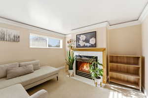 Living room with light colored carpet, ornamental molding, and a fireplace