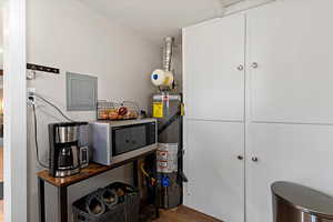 Utilities featuring electric panel and strapped water heater