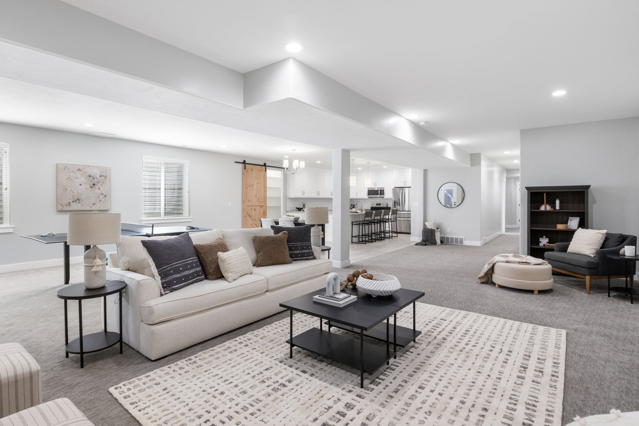 Family room with carpet, and recessed lighting