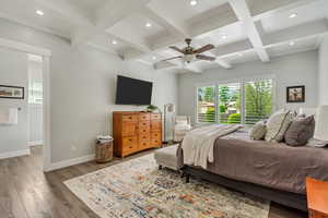 Bedroom featuring coffered ceiling, recessed lighting, wood finished floors, and a ceiling fan