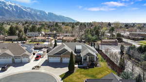 Aerial view of residential area with mountains