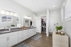 Bathroom with double vanity, a walk in closet, and dark wood-style floors