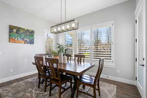 Dining area with dark wood-style floors and suspended lighting