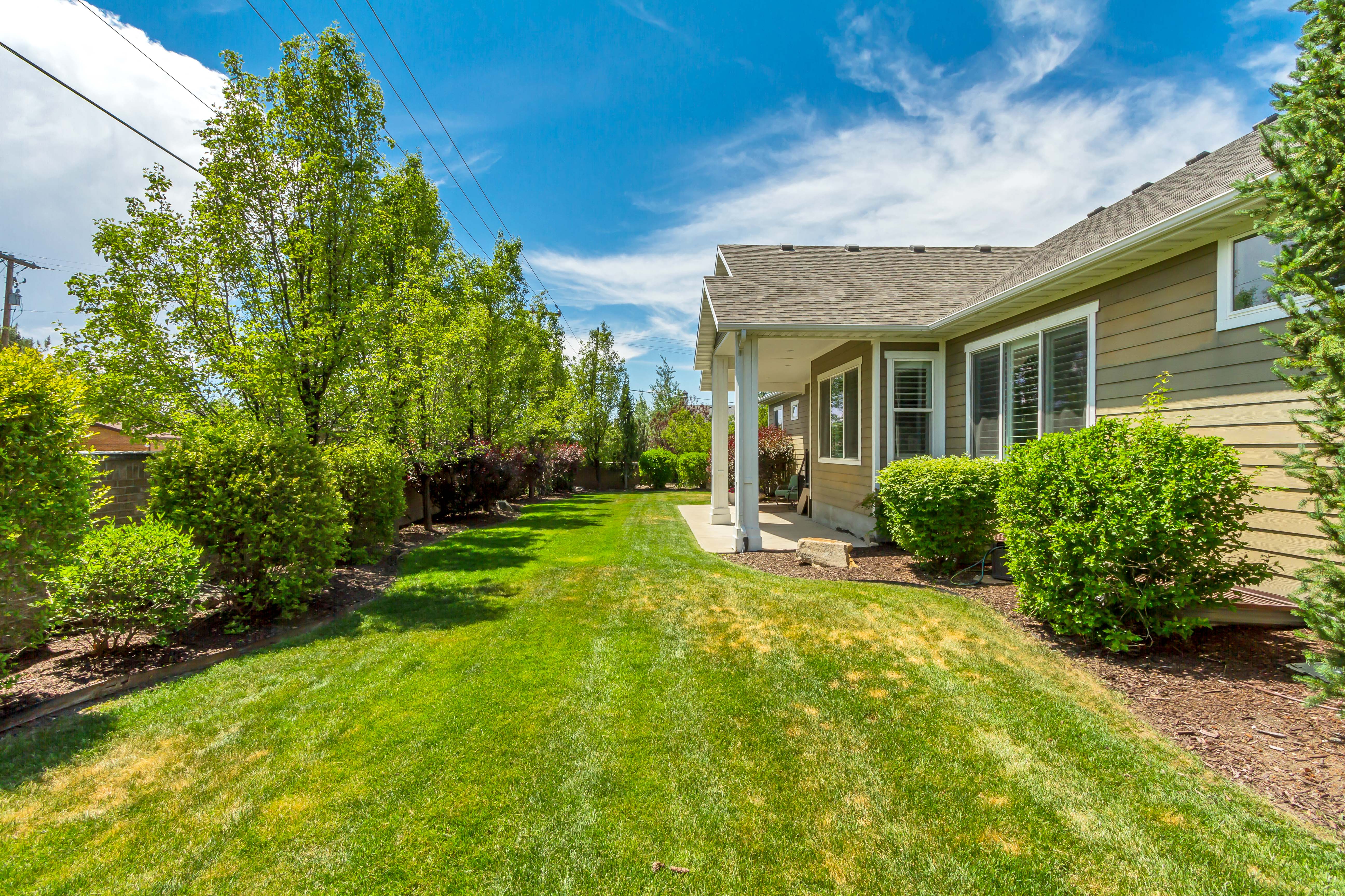 Expansive backyard featuring a manicured lawn, established perimeter trees, and mature shrubbery