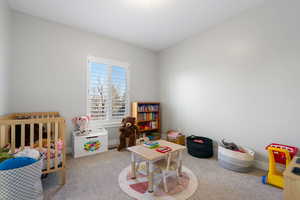 Bedroom featuring a crib and light carpet