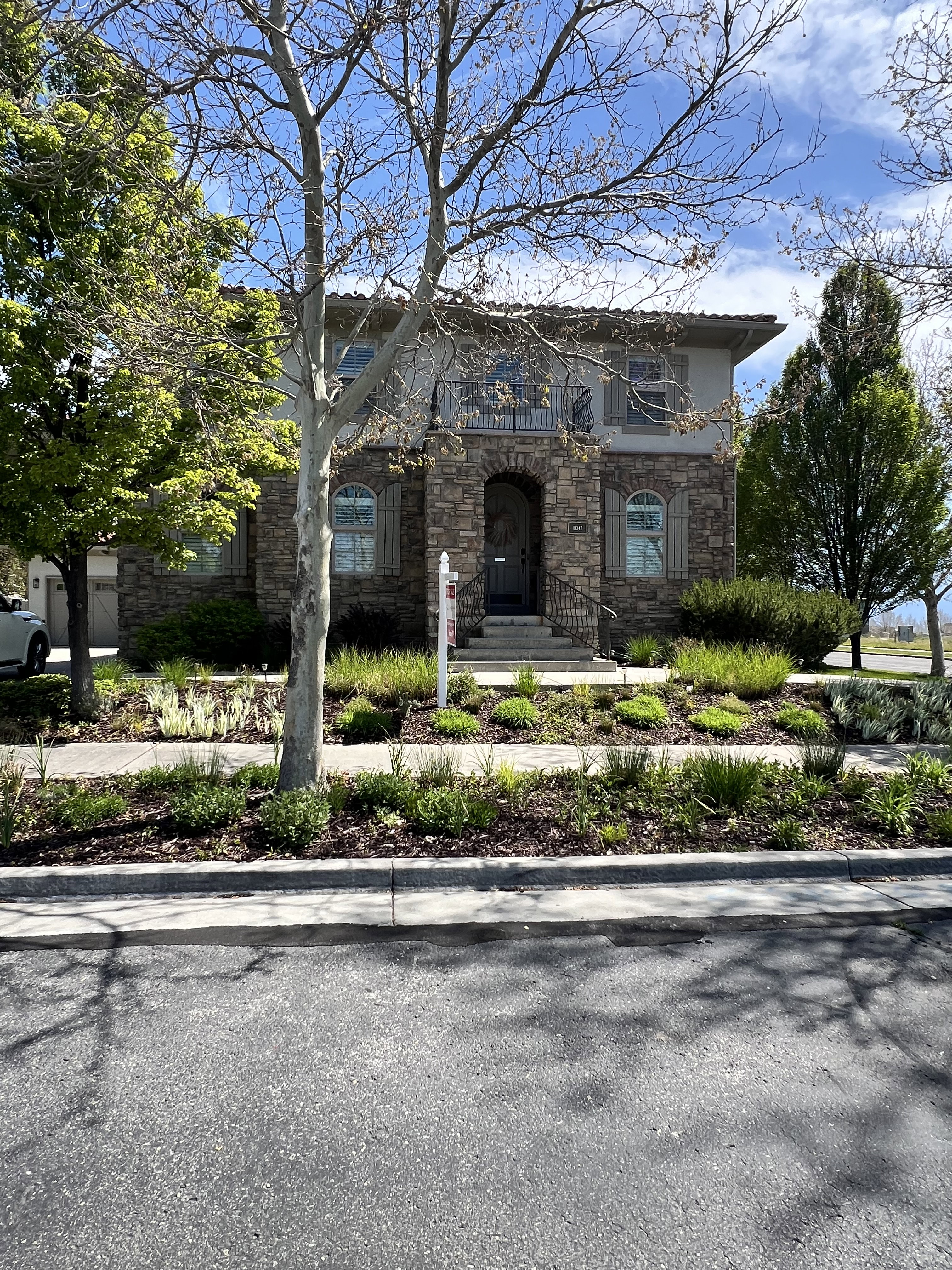 Stone facade residence featuring a front entry balcony with iron railing, arched entryway, and decorative window shutters