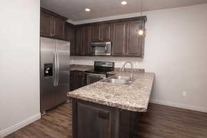 Kitchen featuring dark wood finish cabinetry, stainless steel appliances, a peninsula, and dark wood finished floors