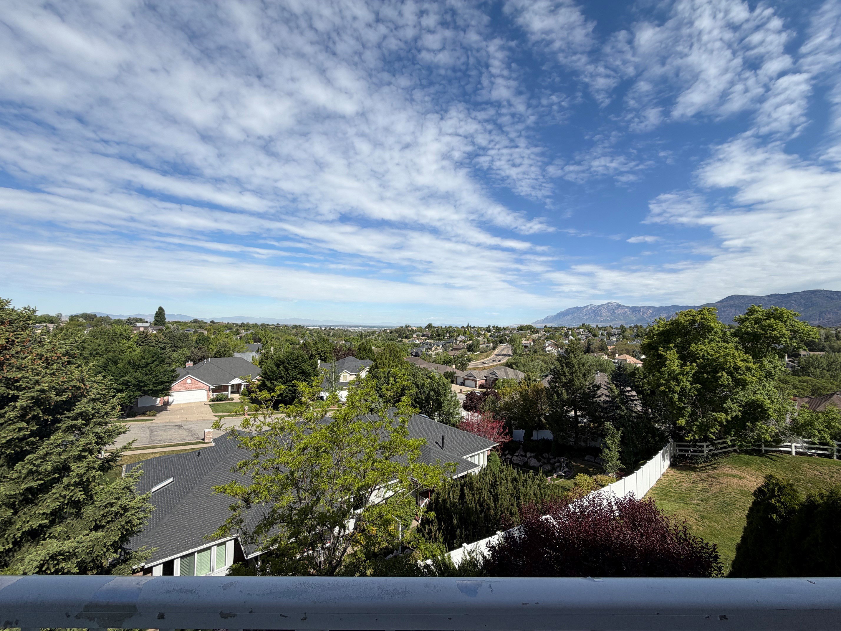 Expansive neighborhood scenery featuring numerous mature trees, residential rooftops, distant mountains, and a clear sky with scattered clouds