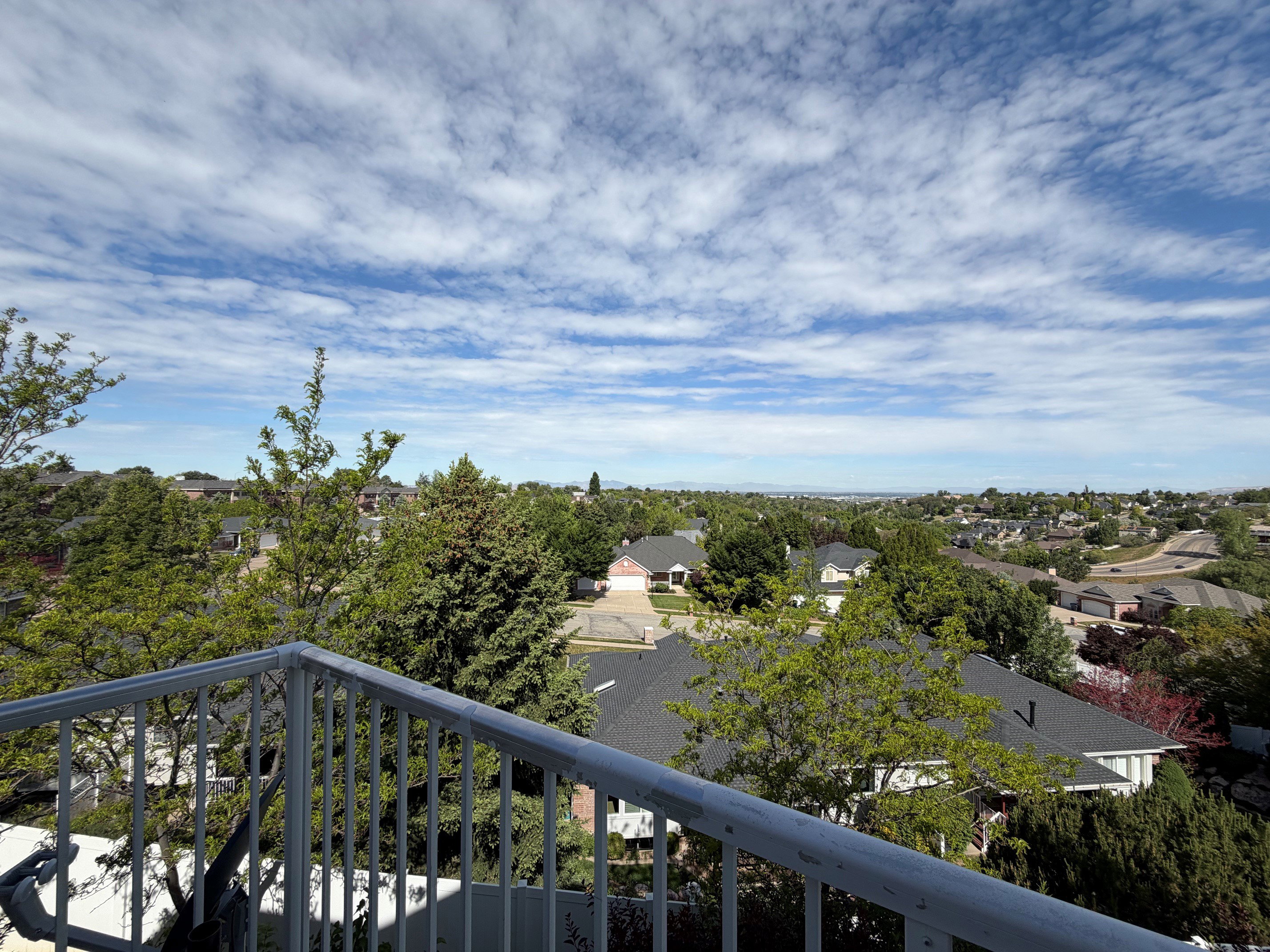 Elevated perspective featuring widespread neighborhood roofing, mature trees, and a distant horizon