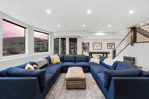 Living area featuring recessed lighting and a mountain view