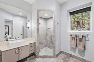 Full bathroom featuring vanity, a stall shower, and ensuite bathroom