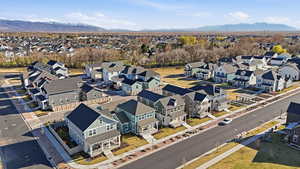 Aerial view of residential area with mountains