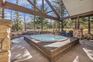 View of swimming pool with a fenced backyard and patio surround