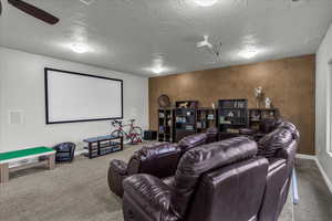 Carpeted home theater room featuring baseboards and a textured ceiling