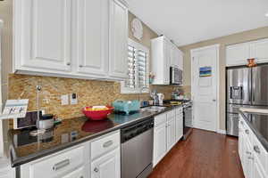Kitchen featuring white cabinets, stainless steel appliances, dark wood-style floors, and tasteful backsplash