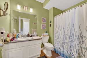 Full bathroom featuring vanity and a shower with curtain