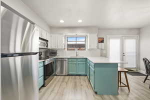 Kitchen featuring a peninsula, two tone cabinetry, stainless steel appliances, light wood-style floors, and a breakfast bar area