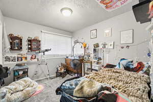 Bedroom featuring a textured ceiling and carpet