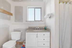 Half bath with vanity and a shower with shower curtain