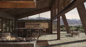 View of patio with a mountain view and a fire pit
