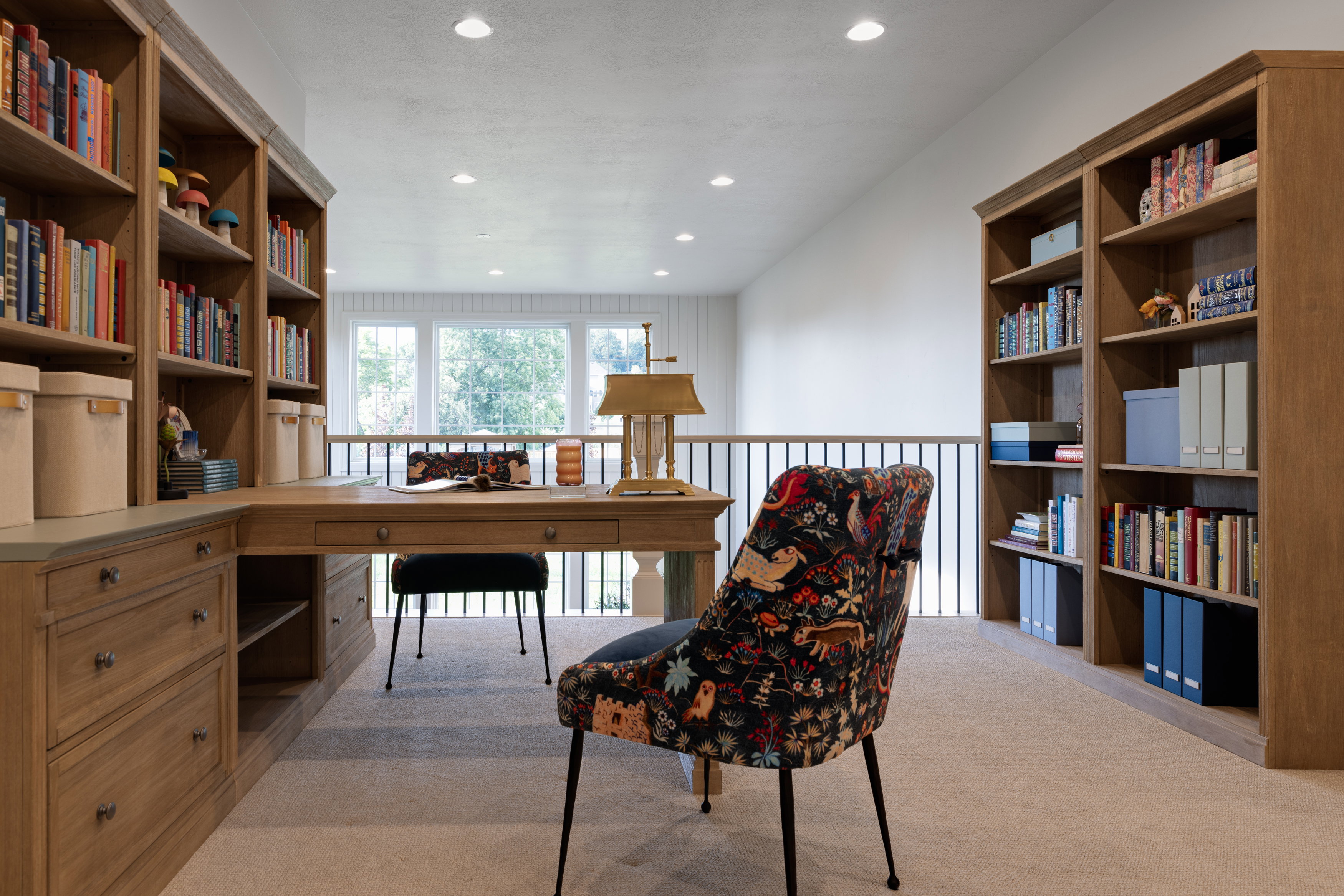 Office featuring recessed lighting and light colored carpet