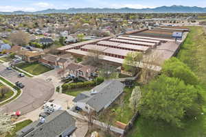 Aerial view of residential area with mountains