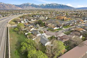 Aerial view of residential area with a mountainous background