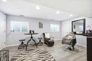 Living area with light wood finished floors, recessed lighting, and electric panel