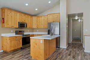 Kitchen with light wood finish cabinetry, stainless steel appliances, light countertops, an island with sink, and vaulted ceiling