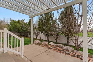 Fenced backyard featuring a pergola and a patio