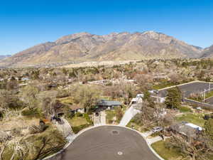 Aerial perspective of suburban area with a mountainous background