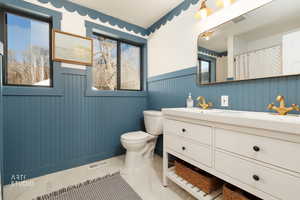 Bathroom featuring vanity, a wainscoted wall, and a shower with curtain