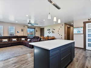 Kitchen with a large island and open floor plan