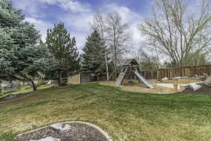 Fenced backyard featuring a playground